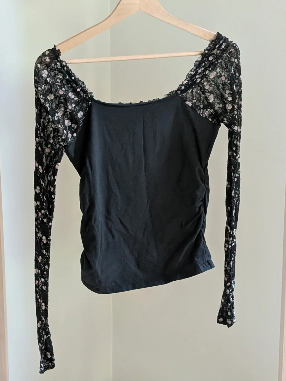 Free People Josie Floral Square Neckline Lace Long-Sleeve Top In Black - M